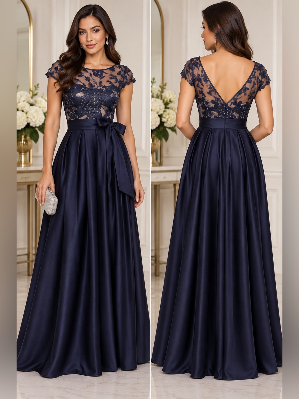 NEW XSCAPE Embroidered Cap-Sleeve Ballgown Dress – Navy, Size 14